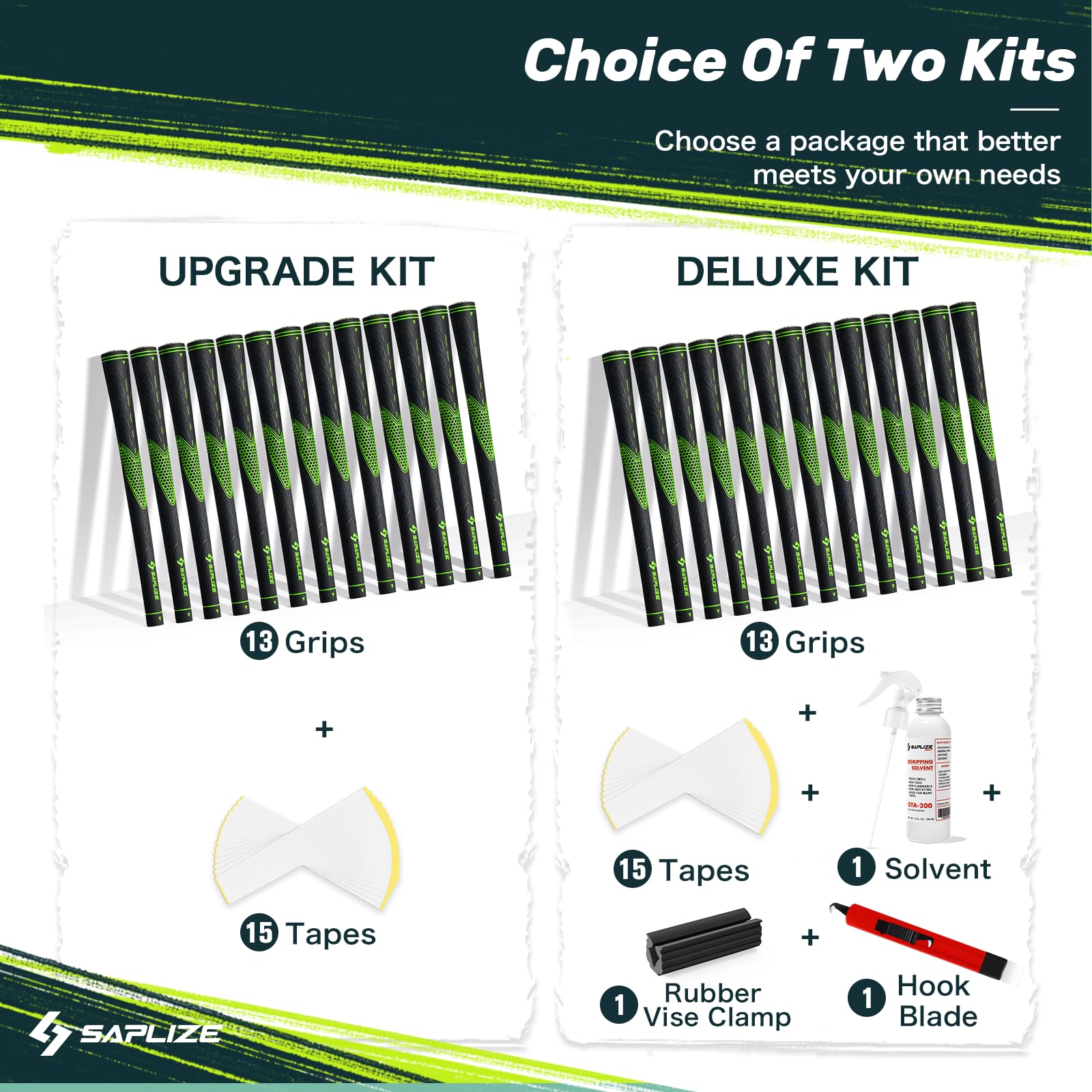 SAPLIZE Ensemble de 13 poignées de Golf avec kit de regripping Complet, Standard/intermédiaire/Oversize, Blanc/Vert/Rouge/Bleu, poignée de Club de Golf