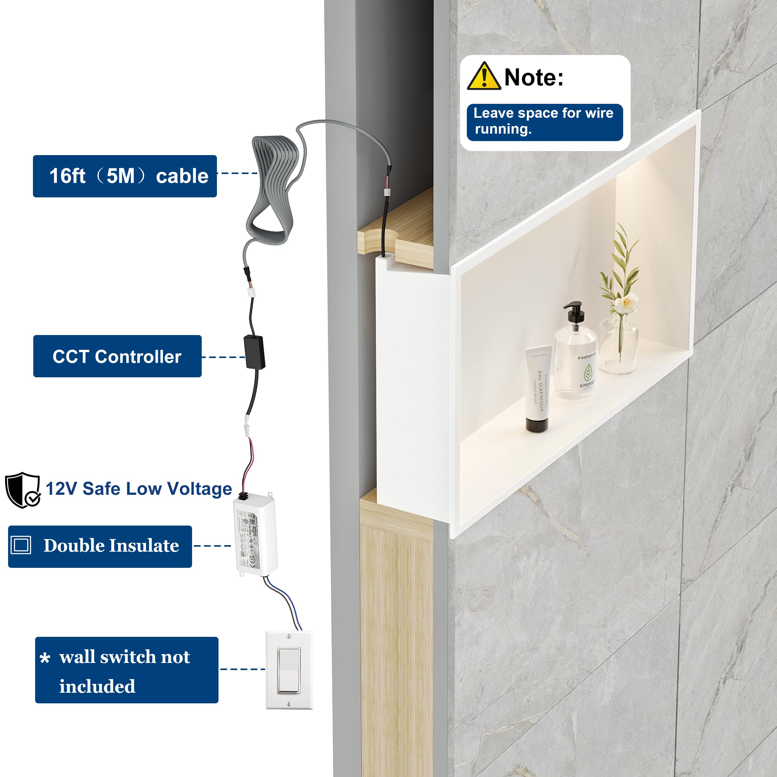 Doccia a muro in acciaio inox con luce a LED, 60 x 30 cm, con 3 colori per il bagno, colore: bianco