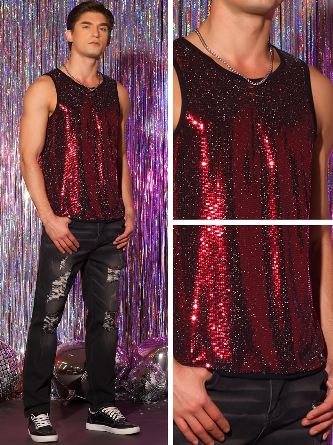 Lars Amadeus Sequin Tank Top for Men's Metallic Sparkle Glitter Sleeveless Tank Shirts - Image 5