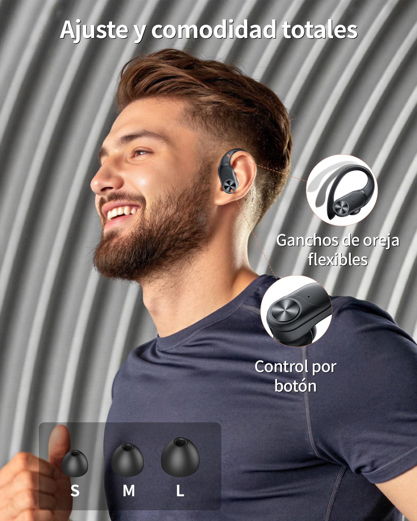 Auriculares Inalámbricos Bluetooth Deportivos 5.3 , 80h Autonomía, Doble Pantalla LED Batería, IPX7 Resistentes, Micrófono Integrado, Controles Físicos, Auriculares para Correr con Gancho de Oreja — view 2