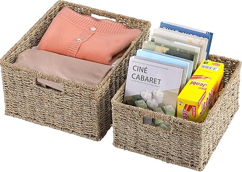 Miniatura 6 de HOONEX Cestas grandes de mimbre para almacenamiento, cestas de hierba marina con asas dobles, cestas tejidas para almacenamiento, juego de 2,