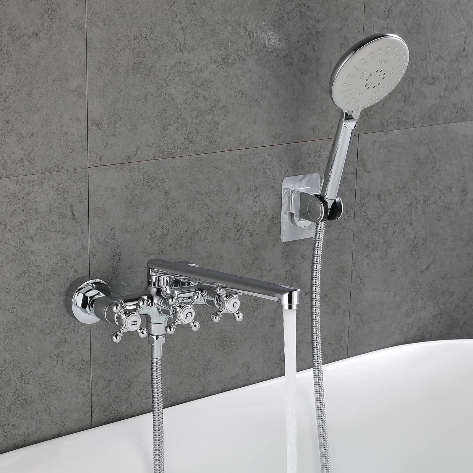 Grifo de bañera de Pared Retro con caño Alargado y rociador de Ducha de Mano de 5 Funciones, Grifo de bañera con manijas Cruzadas Dobles, Grifo Mezclador de Agua fría y Caliente pa