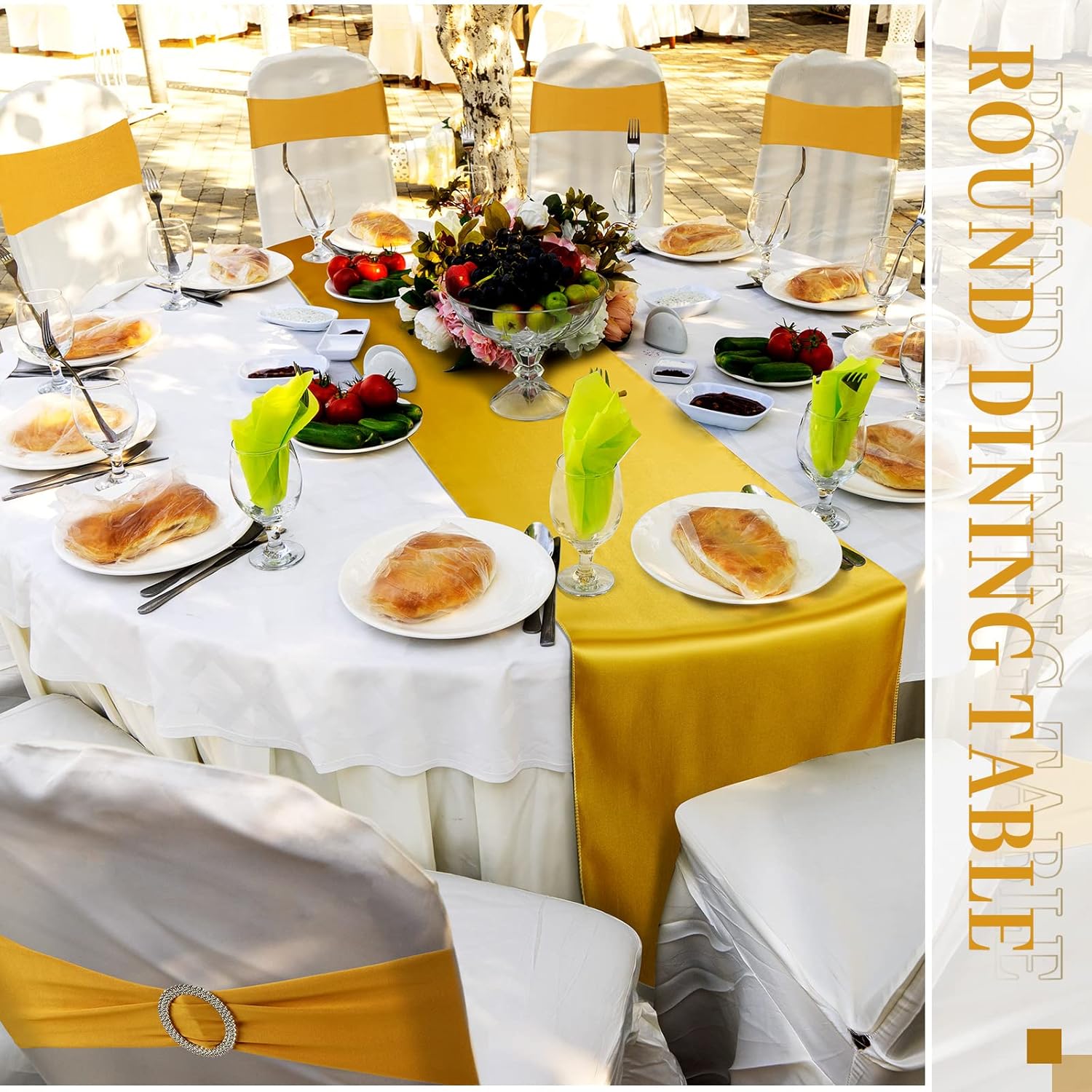 Hosuly 50 Pcs Gold Chair Sashes Bow with 10 Pcs Satin Table Runner Spandex Chair Sashes with Buckle Slider Satin Silk Runner for Wedding Ceremony Banquet Hotel Party Rectangle Round Table Decor