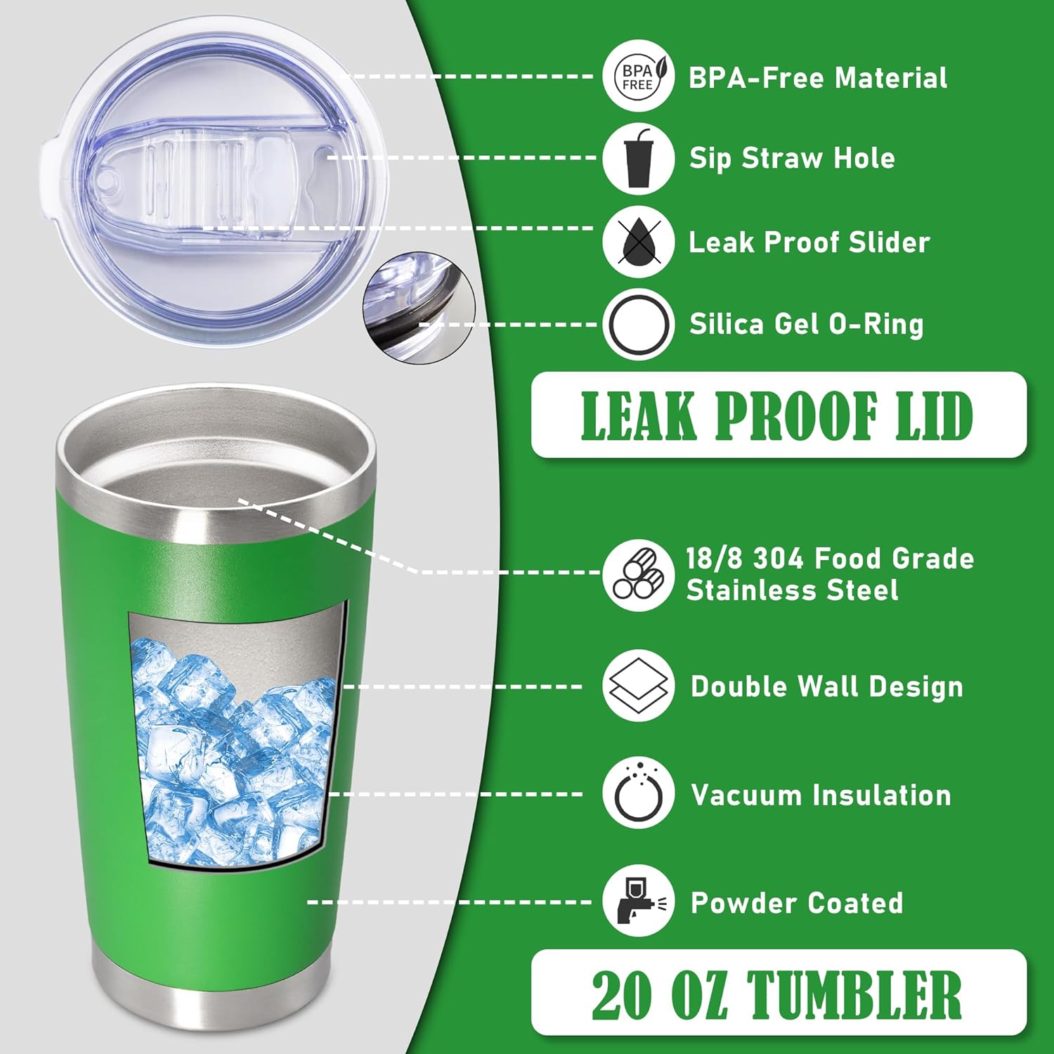 20 oz Tumbler Coffee Travel Tumblers Bulk with Lid Stainless Steel Double Wall Vacuum Insulated Mug Powder Coated Cups fit Car Cupholder for Hot and Cold - Green, 4Pack - Image 3