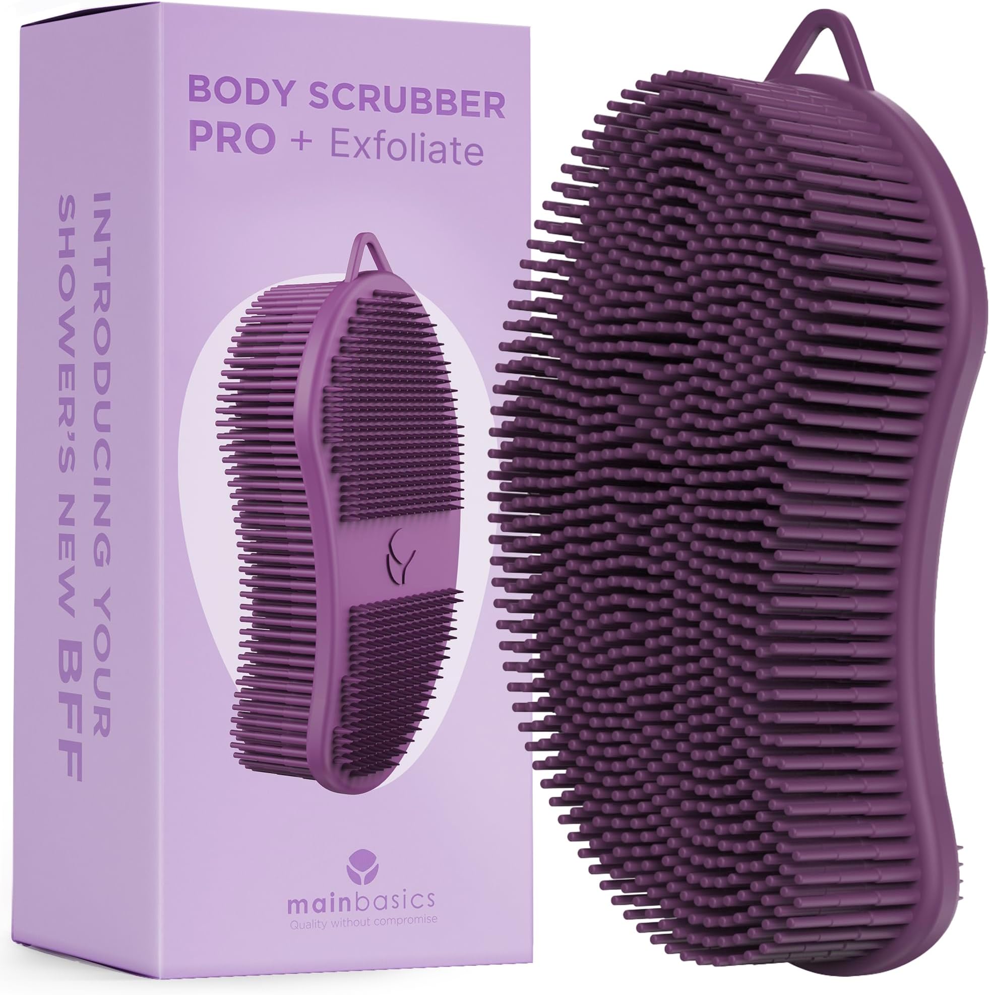 MainBasics Silicone Body Scrubber – Dual-Sided Shower Exfoliator for Men & Women, Gentle Silicone Loofah Alternative for Deep Clean (Purple, Exfoliate)