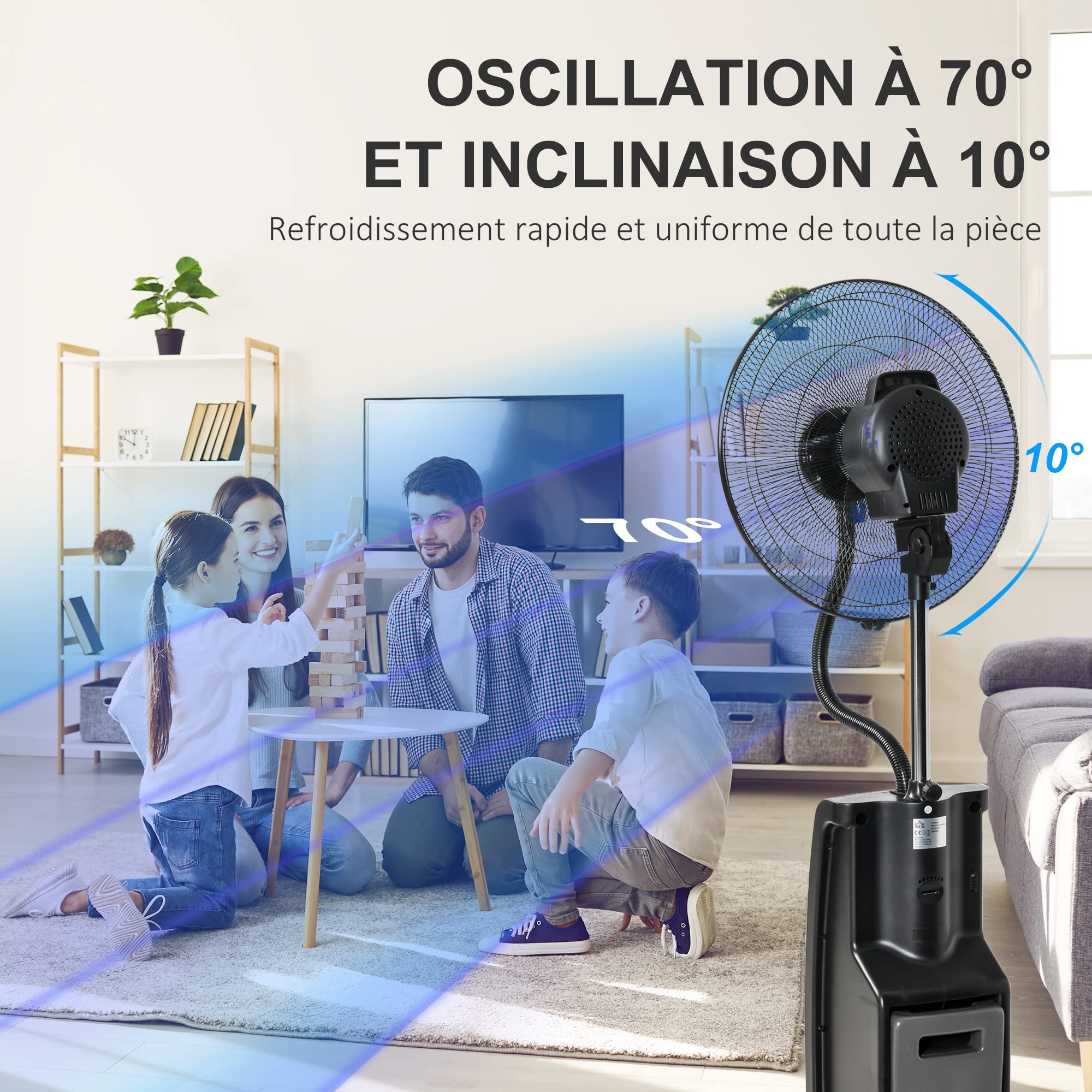 HOMCOM Ventilateur brumisateur silencieux 90 W sur roulettes 135 cm noir | 3 Modes 3 Vitesses, Télécommande, Minuterie 12H, Oscillation à 70°, Écran LCD