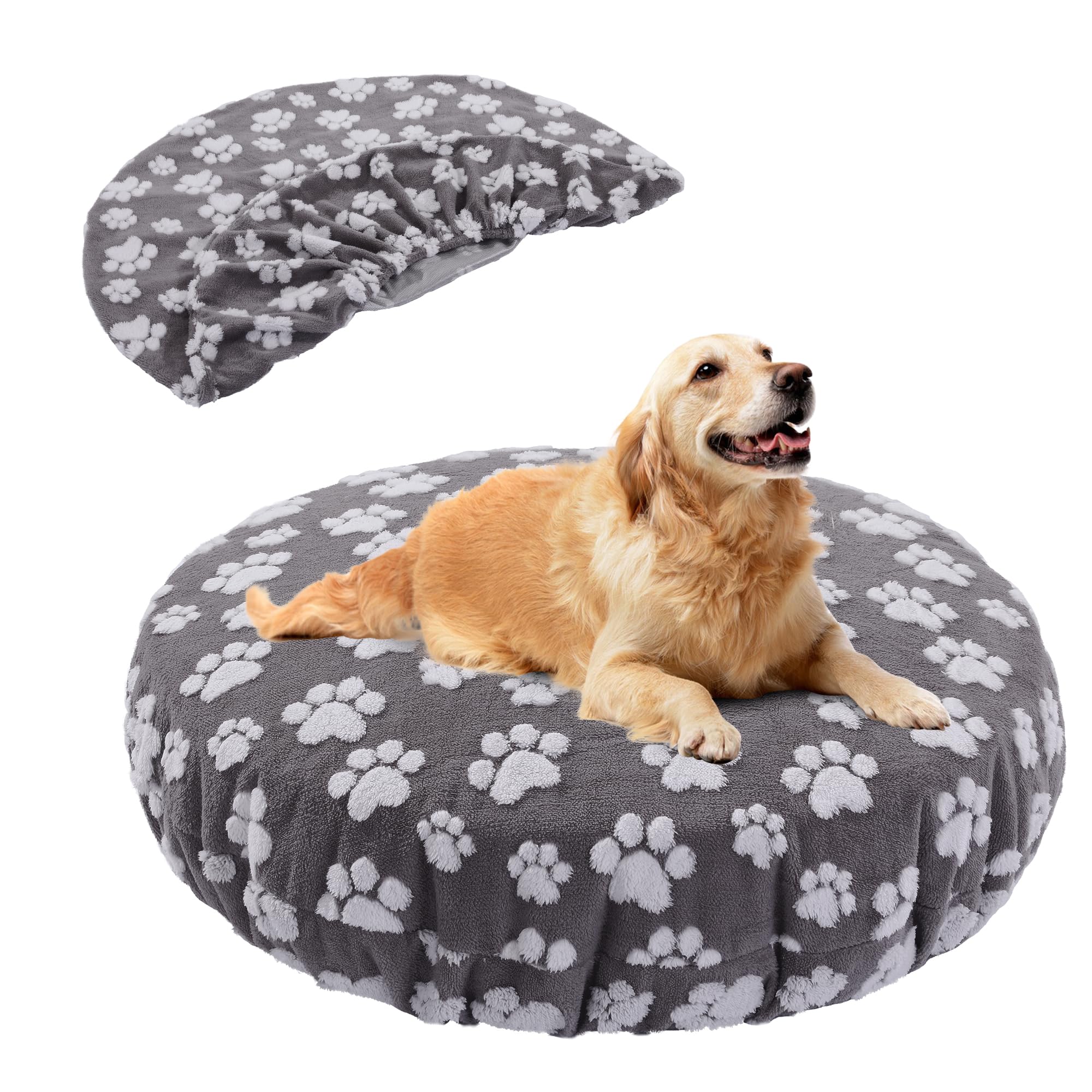 BALAPET Washable Dog Bed Covers Replacement Round Waterproof Bed Cover for Dog Soft Pet Bed Cover with Lovely Dog Paw Print and Double-Sided Usable