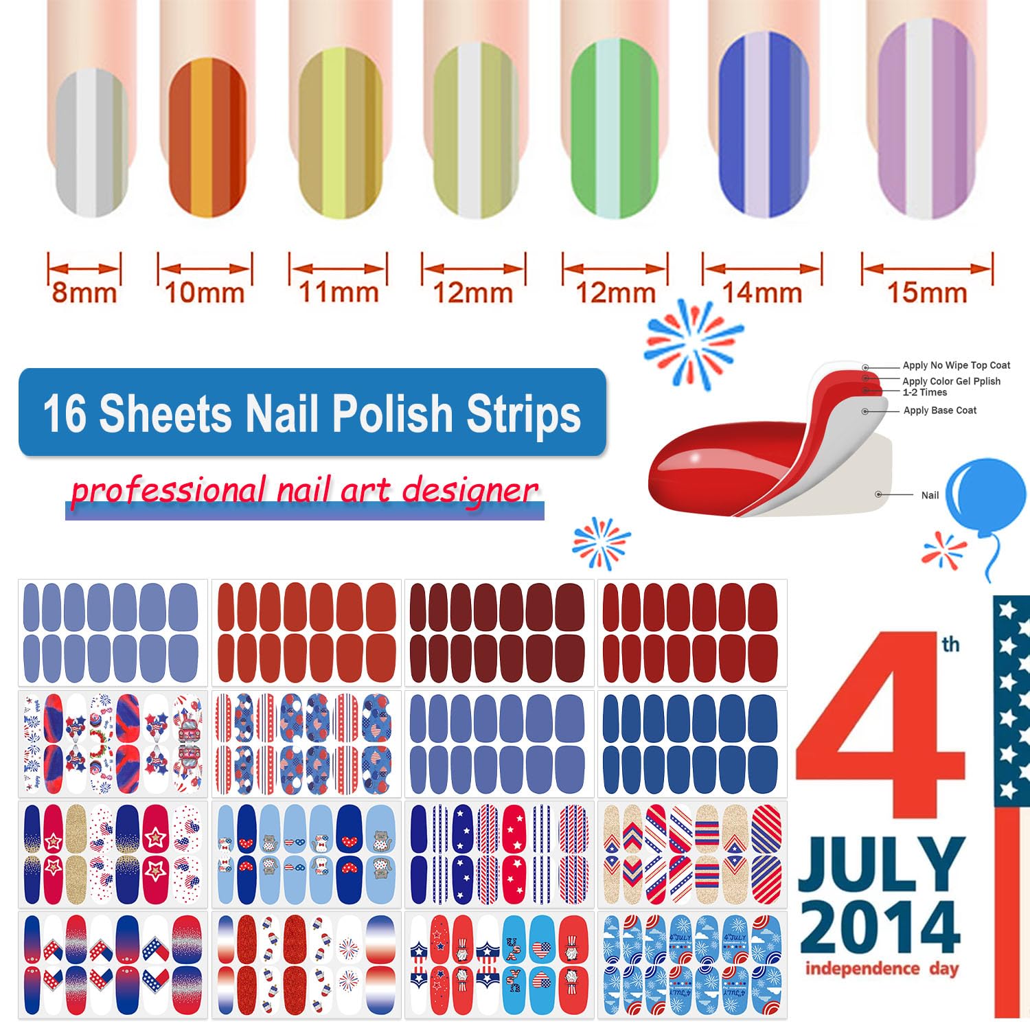 DANNEASY 16 Sheets Independence Day Nail Wraps for Women 4th of July Nail Polish Stickers Solid Color Nail Polish Strips Self-Adhesive Fingernail Stickers with Nail File, Cuticle Stick