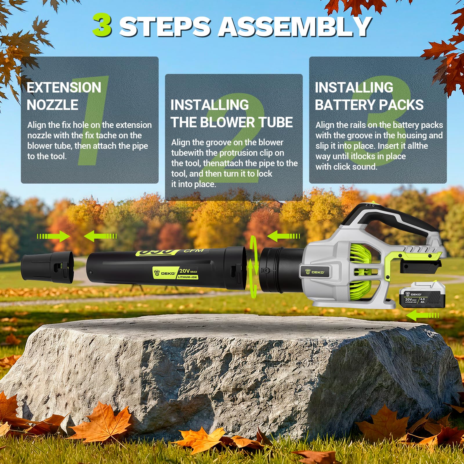 DEKOPRO Souffleur de Feuilles sans Fil avec de 2x4,0 Ah Batteries, 2 Vitesses, Débit d'air Max 1100 m³/h, 257 km/h, pour Cour, Pelouse, Jardin