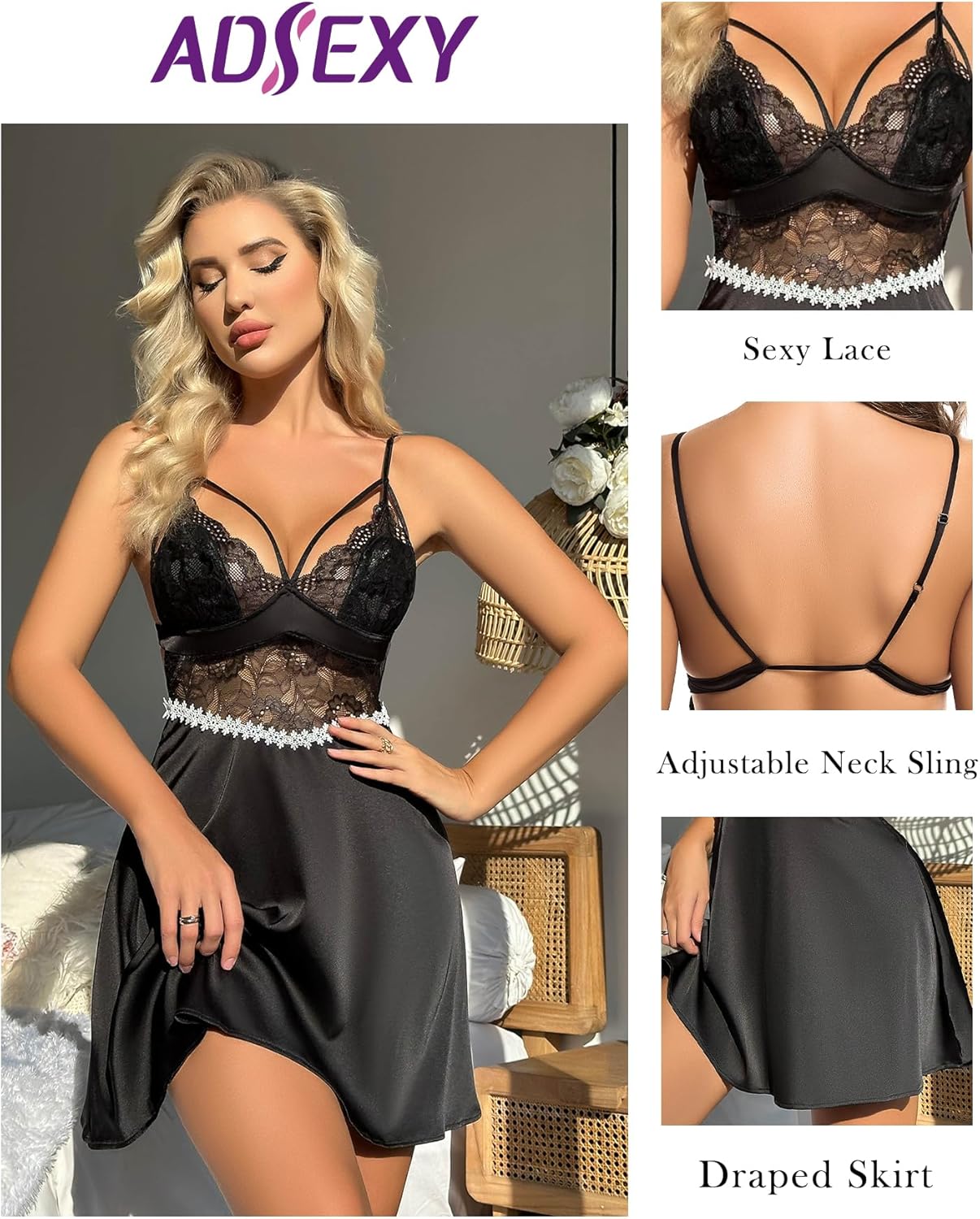 Women Lingerie Sexy Lace Chemise Mini Teddy Babydoll Lingerie Set V Neck Sleepwear See Through Dress - Image 3