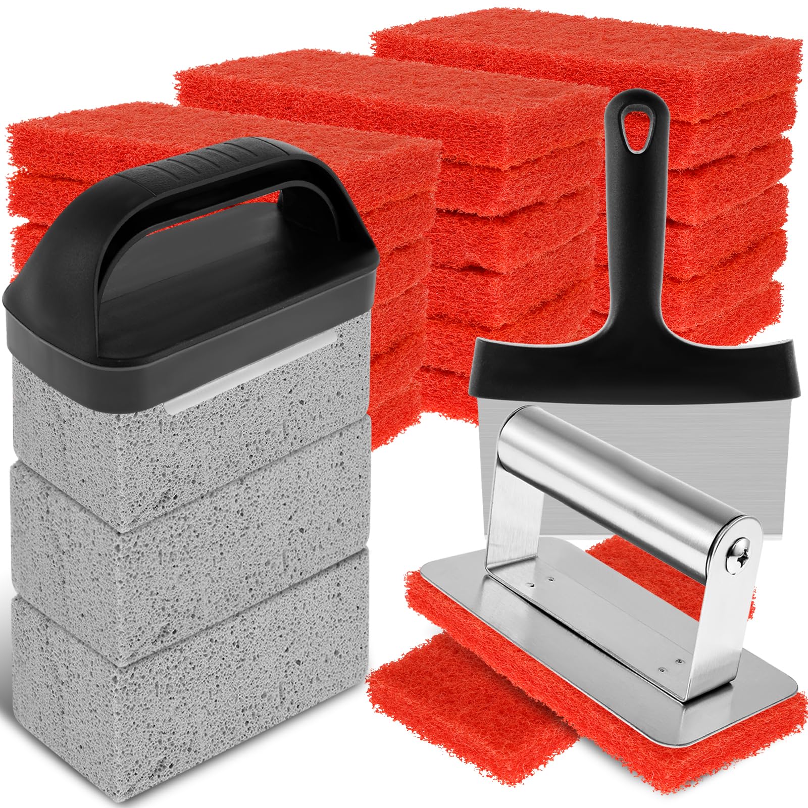NZWBSHSSP 26Pcs Griddle Cleaning Kit Practical Flat Top Grill Cleaner Kit with Handle Scouring Pads Griddle Scraper and Pumice Stone Multifunctional Cleaning Kit Grill Cleaner Kit for BBQ Greasy