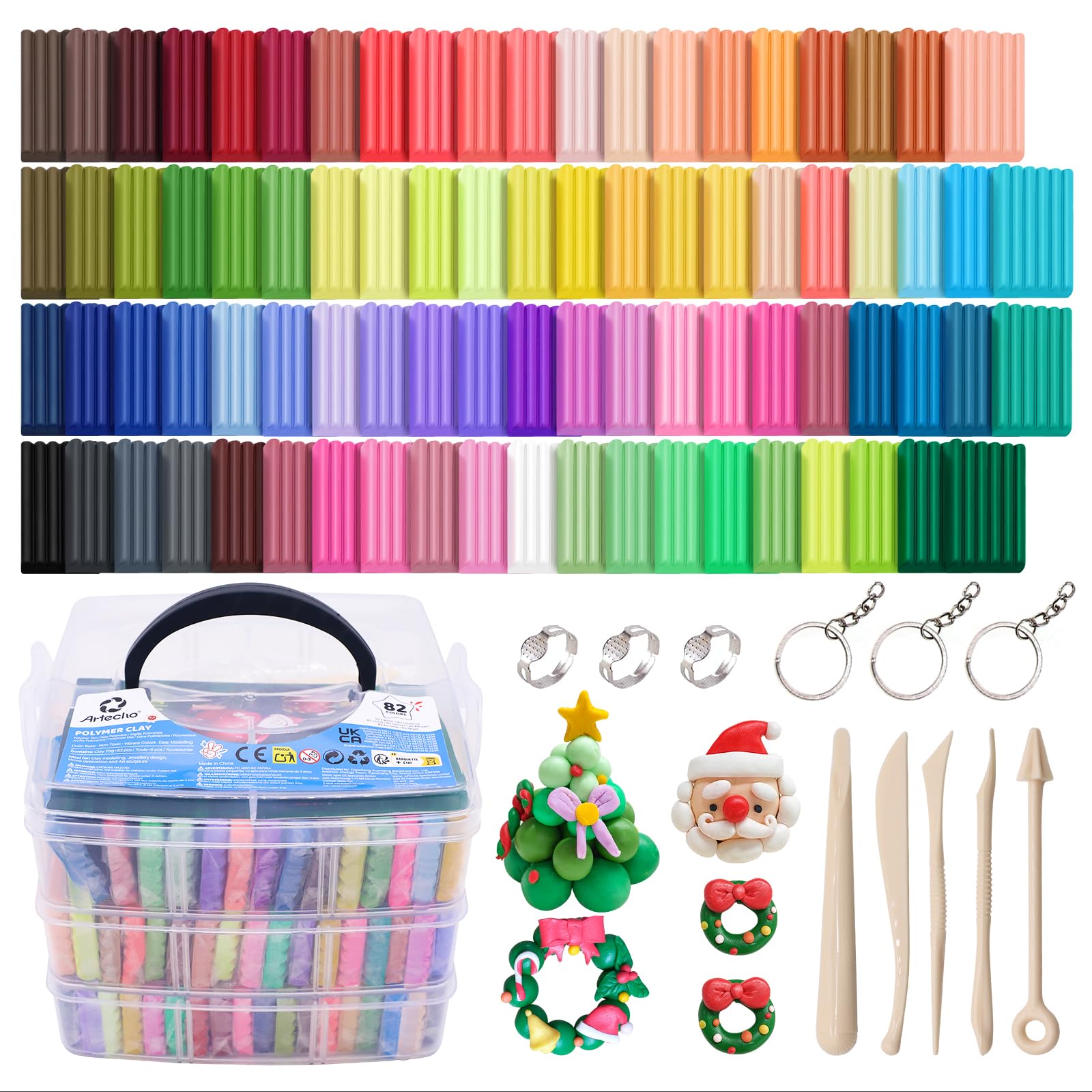 Artecho Polymer Clay Kit, 82 Colors Oven Bake Clay | Modeling Clay for Adults, DIY Sculpting Craft Clay Set with Sculpting Tools, Jewelry Accessories,