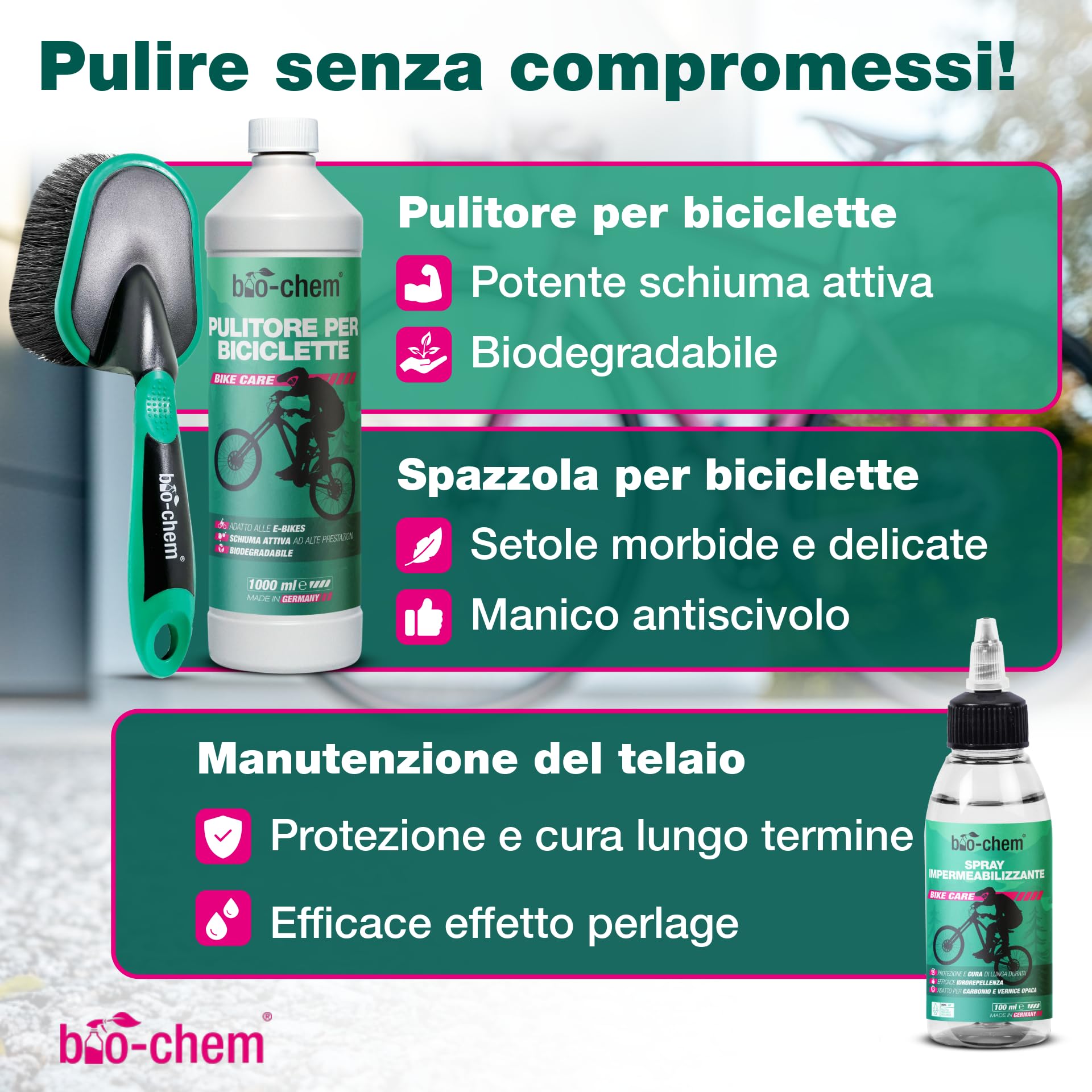 bio-chem Kit 9 prodotti per la cura e la pulizia di biciclette + accessori | Prodotti per la pulizia dei telai delle bici da corsa e delle catene - Accessori per bici inclusi - Scatola inclusa