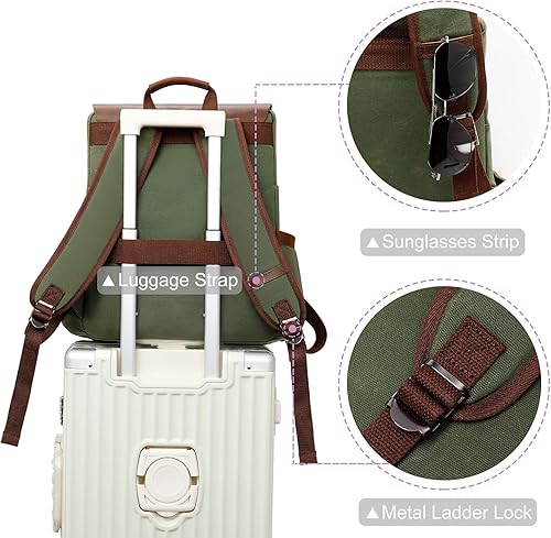 Miniatura 5 de Modoker Mochila de lona encerada, mochila de cuero para hombres y mujeres, mochila vintage de viaje para laptop de 15.6 pulgadas, mochila retro con