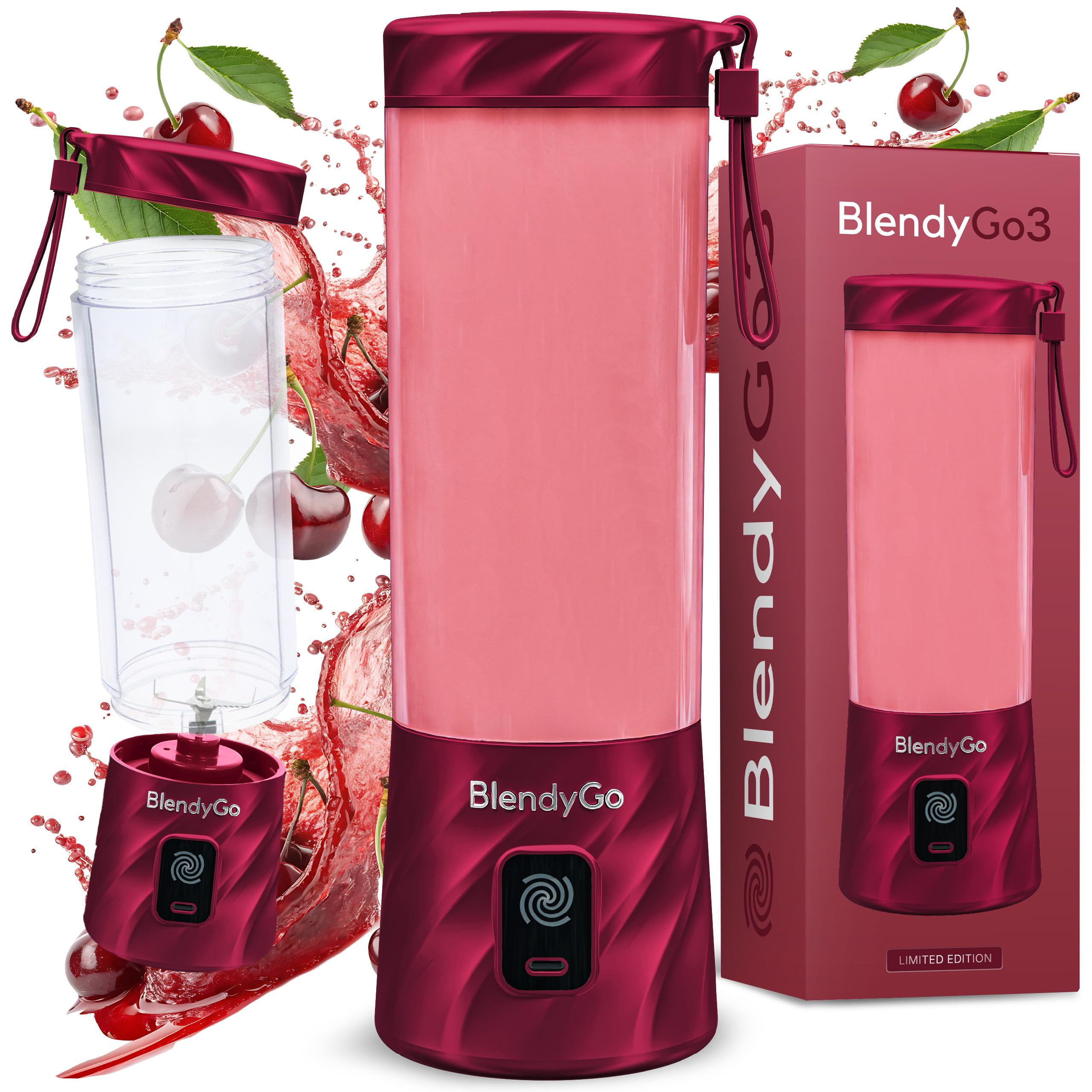 Blender portable BlendyGo3, Mixeur, Blender Smoothie rechargeable USB, Mixeur Smoothie puissant sans fil, Mini Blender pour smoothies et jus, sans BPA, 550 ml (Cherry Metallic)