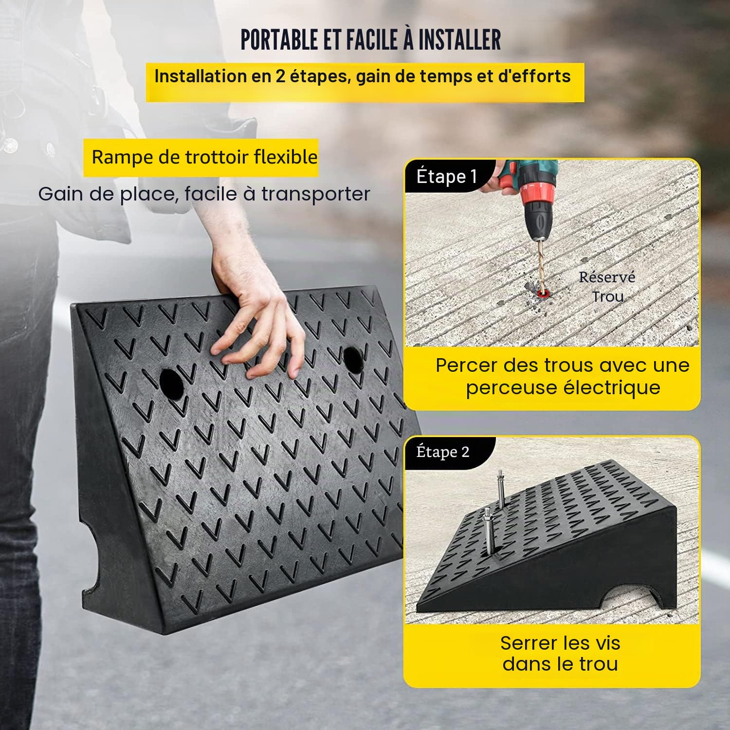 uyoyous Rampe de trottoir en caoutchouc, hauteur 15 cm, capacité de charge 15 T, texture antidérapante, pour voiture, fauteuil roulant, camping-car