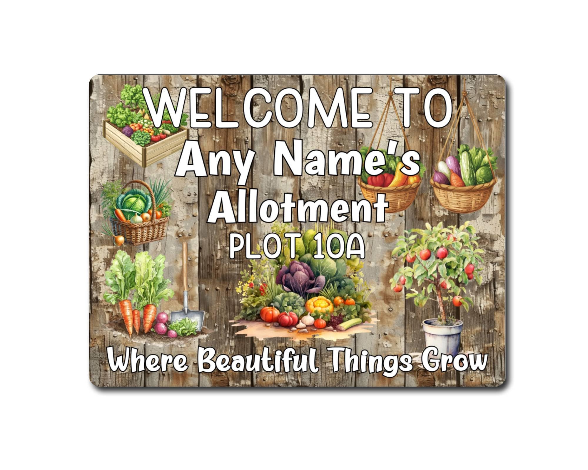 Decalarama Garden Metal Sign Gift – Welcome To Any Names and Plot Number Allotment Where Beautiful Things Grow - Family Fun Home Novelty Aluminium Present