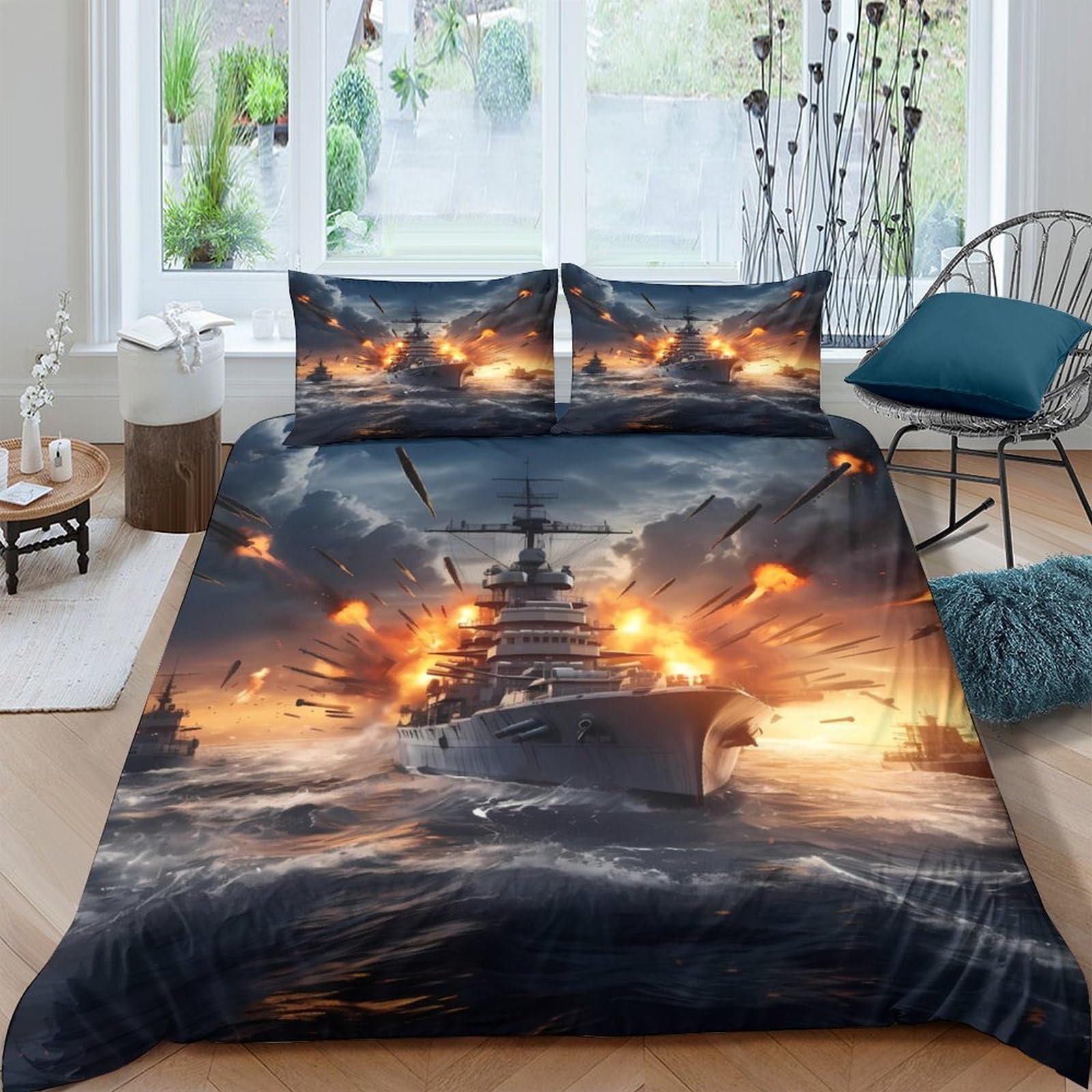 Ctjqhvkz Style-7 3D Printed Battleship Night Fitted Sheet Microfiber Soft Dark Fire Mattress Cover For Bedroom Guest Room Dorm Decor Single（135X200cm）