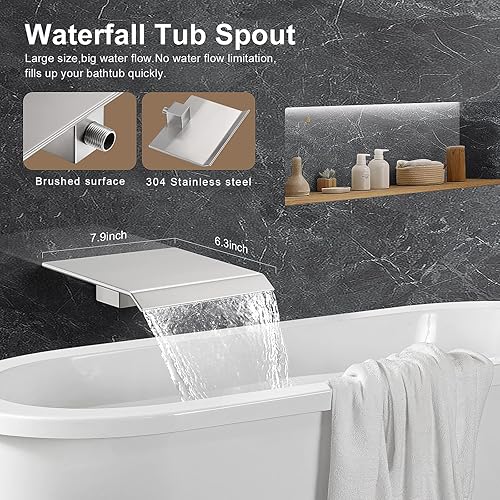 Miniatura 5 de JOMEOO Sistema de ducha de 12 pulgadas con boquilla de bañera, juego de grifo de ducha de níquel cepillado de 3 funciones, cabezal de ducha de alta