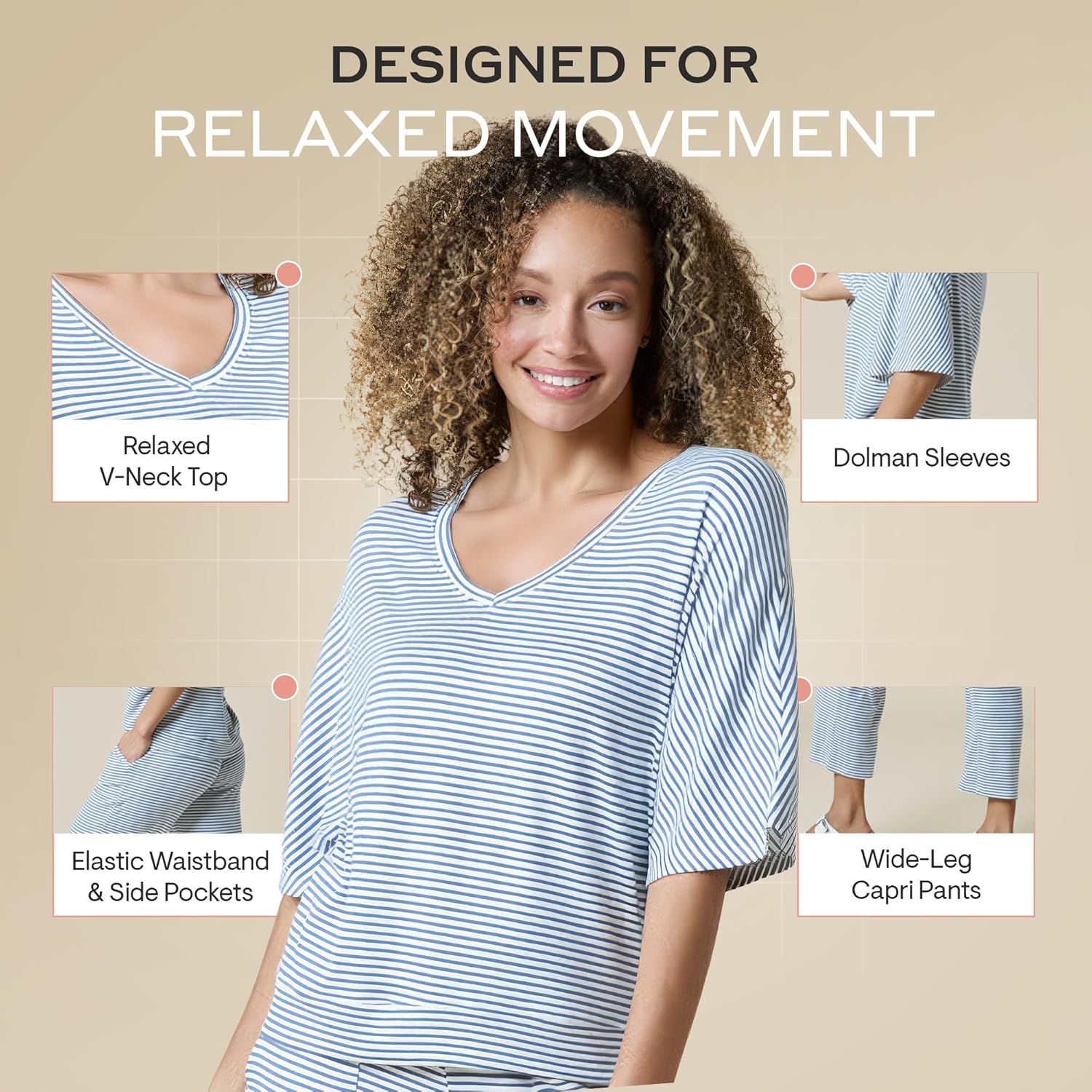 Softies Dream Relaxed V Neck Capri Lounge Set for Women 2 Piece Loungewear with Dolman Sleeve Top and Cropped Capri Pants - Image 7