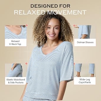 Softies Dream Relaxed V-Neck Capri Lounge Set for Women Ultra Soft 2-Piece Pajama Set - Dolman Sleeve Top and Cropped Pants