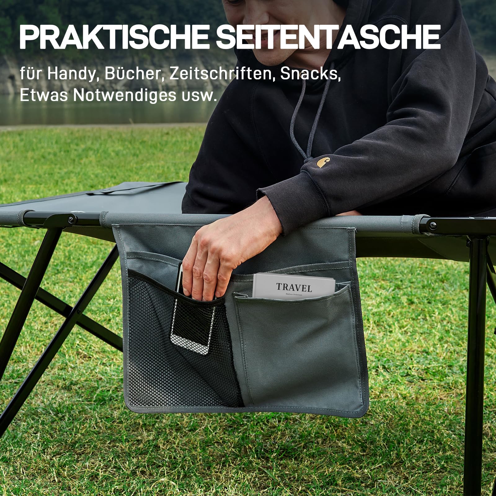 EVER ADVANCED Feldbett Klappbar XXL Campingbett 200KG Belastbar Klappbett 214 x 79 x 50 cm, Breite Feldbett mit Seitentasche, Stabil & Tragbar für Camping Reisen Garten Outdoor und Indoor