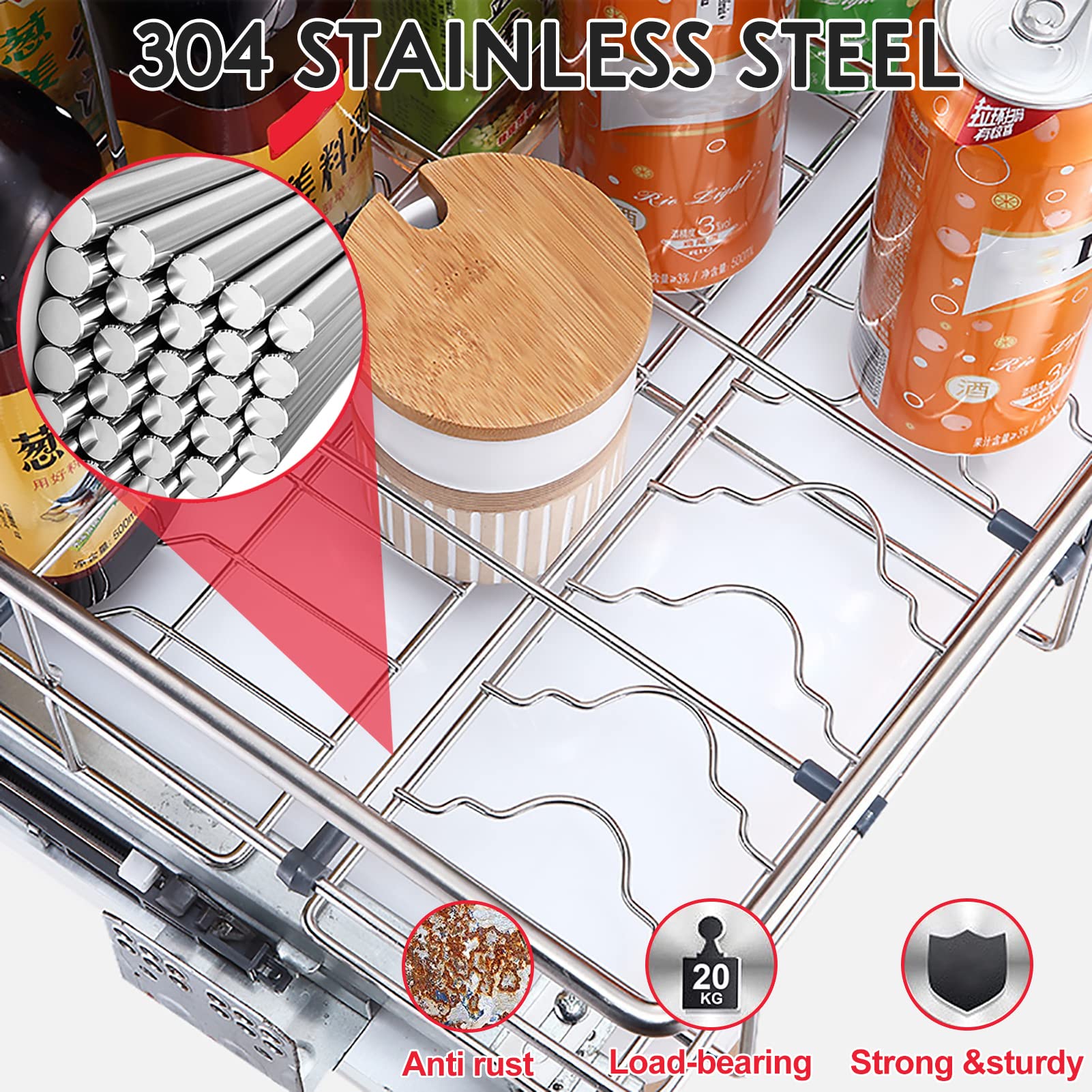 Cassetto Estraibile per Cucina, Organizer per mobiletto Estraibile Individuale a 2 Livelli per Cucina, portaspezie Estraibile per impieghi gravosi, cestello in Filo di Acciaio Inossidabile 3