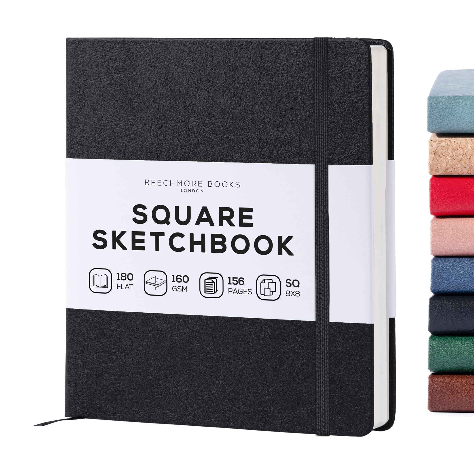 Beechmore Books Charcoal Black Square Mixed Media Sketchbook – 8”X8” Inch Professional Art Journal, 160 Gsm / 98 Lb Ivory Paper, Perforated Pages, Vegan Leather Hardcover, Lay-Flat Design For Drawing & Doodling