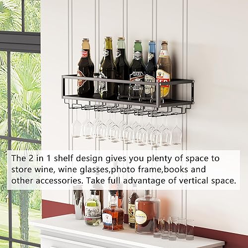 Miniatura 4 de MAIKAILUN Estante de vino montado en la pared dorado con soporte para vidrio, soporte de botella de metal de 30 pulgadas, estante multifuncional de