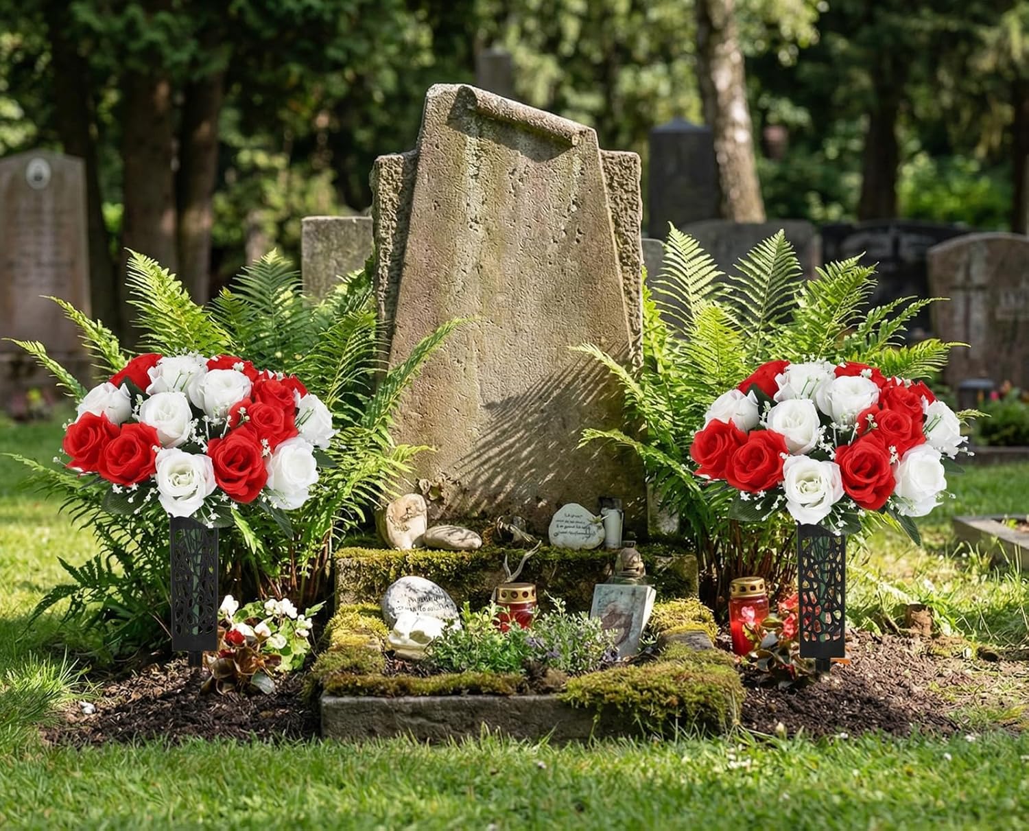 2 Sets Artificial Cemetery Flowers for Grave, Outdoor Roses Funeral Flowers with Cemetery Vase, Memorial Flowers Arrangements Bouquet Vibrant and Long-Lasting Colors(White+Red)