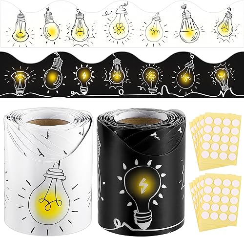 durony 2 rollos de 65.6 pies de bombilla de tablón de anuncios, bordes de pizarra de garabatos, bordes festoneados con puntos adhesivos, calcomanías