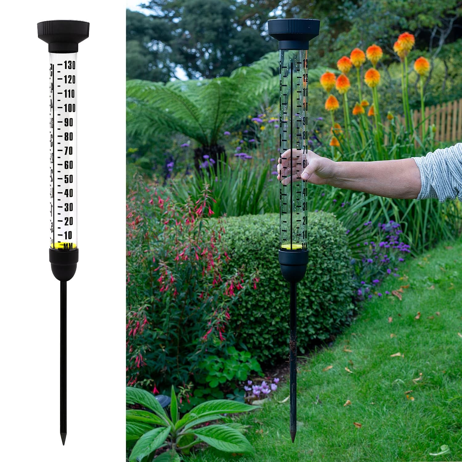 CKB LTD Pluviómetro con Pica para Exteriores – Medidor Extra Grande de Medición de Precipitaciones de Agua de Doble Escala con Estaca de Suelo para Césped, Jardín, Granjas y Campos de Golf, 100 cm de