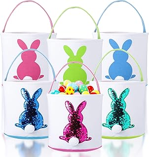 6 Pieces Easter Bunny Basket Bags for Kids Canvas Easter Eggs Hunt Basket with Handle Easter Tote Bags Carrying and Eggs Hunt Bags Rabbit Easter Party Decorations (Vivid Color)