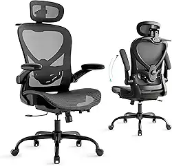 Cadeira de Escritorio com Encosto de Cabeça 3D, Cadeira Ergonomica com Cabide, Cadeira Executiva com Suporte Lombar 2D e Braços Rebatíveis, Assento e Encosto de Malha, Preta