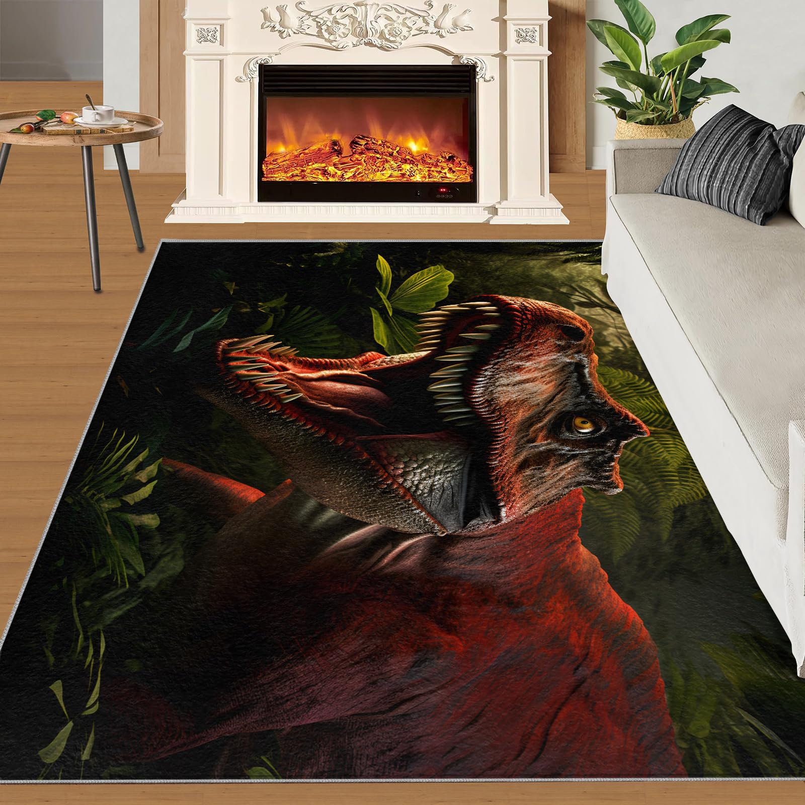 SANSJI 3D Dinosaur Rugs living Room - 180 x 270, Wildlife Animal Area Rug, Stain Resistant Washable Non Slip, Dinosaur Room Style, Plant Leaf Tropical Theme, Soft Low Pile Rectangle Carpet