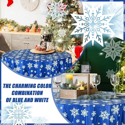 Miniatura 4 de Sliner Mantel de invierno con copos de nieve, mantel redondo de plástico para fiestas, 83.9 pulgadas, mantel de Navidad azul, desechable, telón de