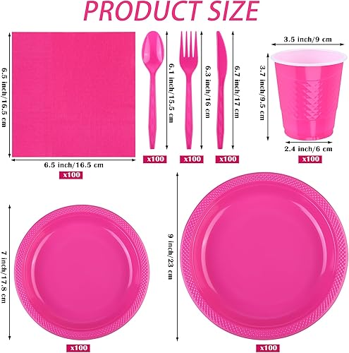 Miniatura 2 de ADXCO Juego de vajilla desechable de 700 piezas, color rosa intenso, incluye platos de plástico, vasos, cuchillos, tenedores, cucharas, servilletas