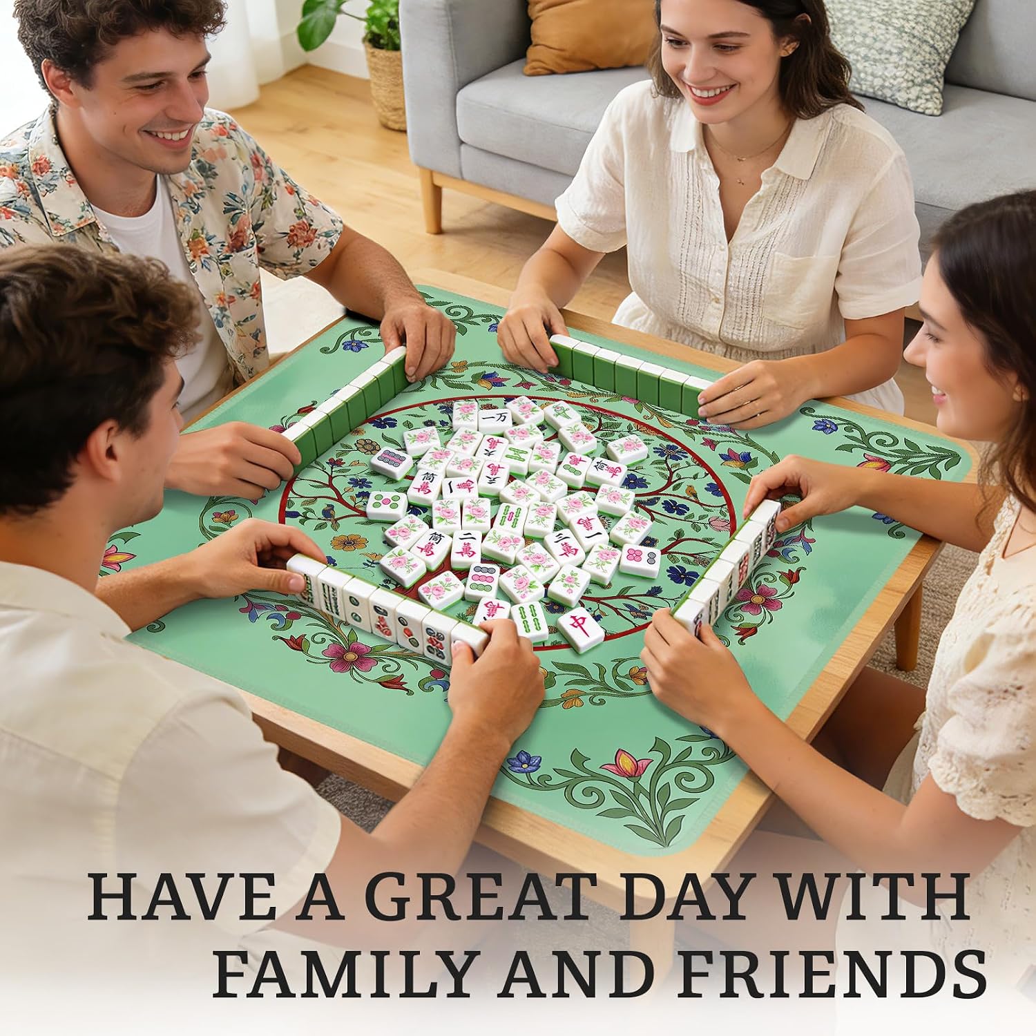 Trees Mahjong Table Mat, Flowers Non-Slip Noise Reduction Mah Jong Mat with Carrying Bag, Game Table Cover for Mahjongs Poker Card, Festival Birthday Gift for Mahjong Lovers, 31x 31In