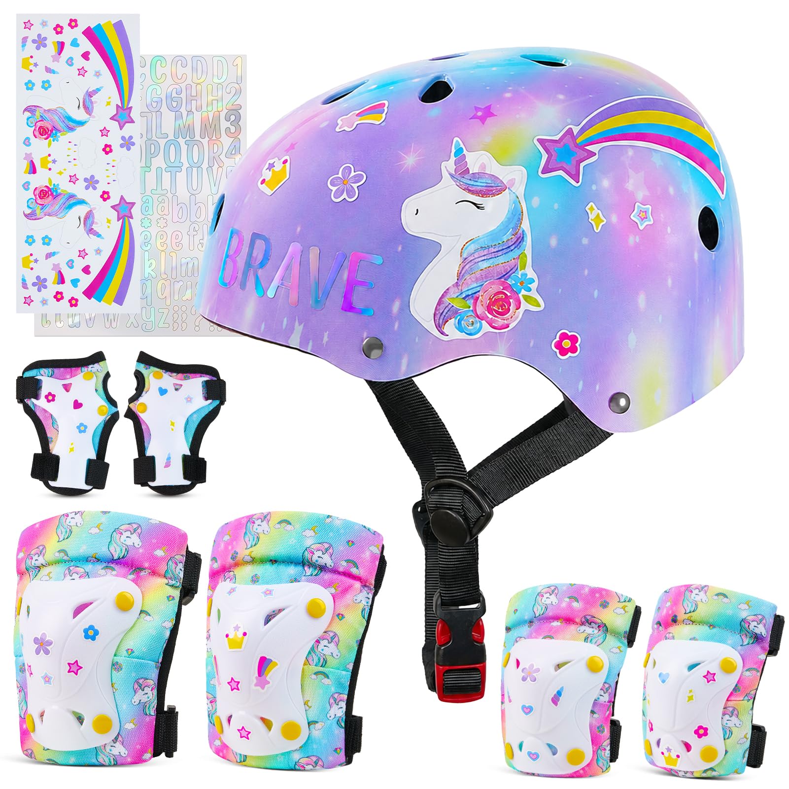 MHJY Kids Helmet and Pads Set with DIY Stickers Girls Bike Helmet Age 3-8 Years Unicorn Knee and Elbow Pads Adjustable Protective Gear for Children Cycle, Skateboard Scooter, Roller Skates