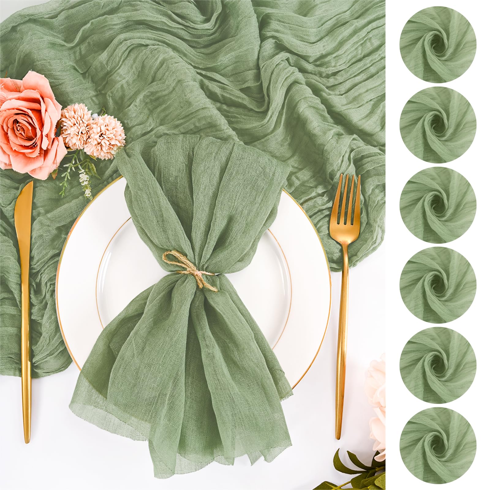 24 Pcs Sage Green Cheesecloth Napkins 50x50 CM Cloth Napkins Bulk Rustic Boho Gauze Dinner Napkin Cloth Washable Table Napkin for Wedding Party Bridal Baby Shower Table Decor