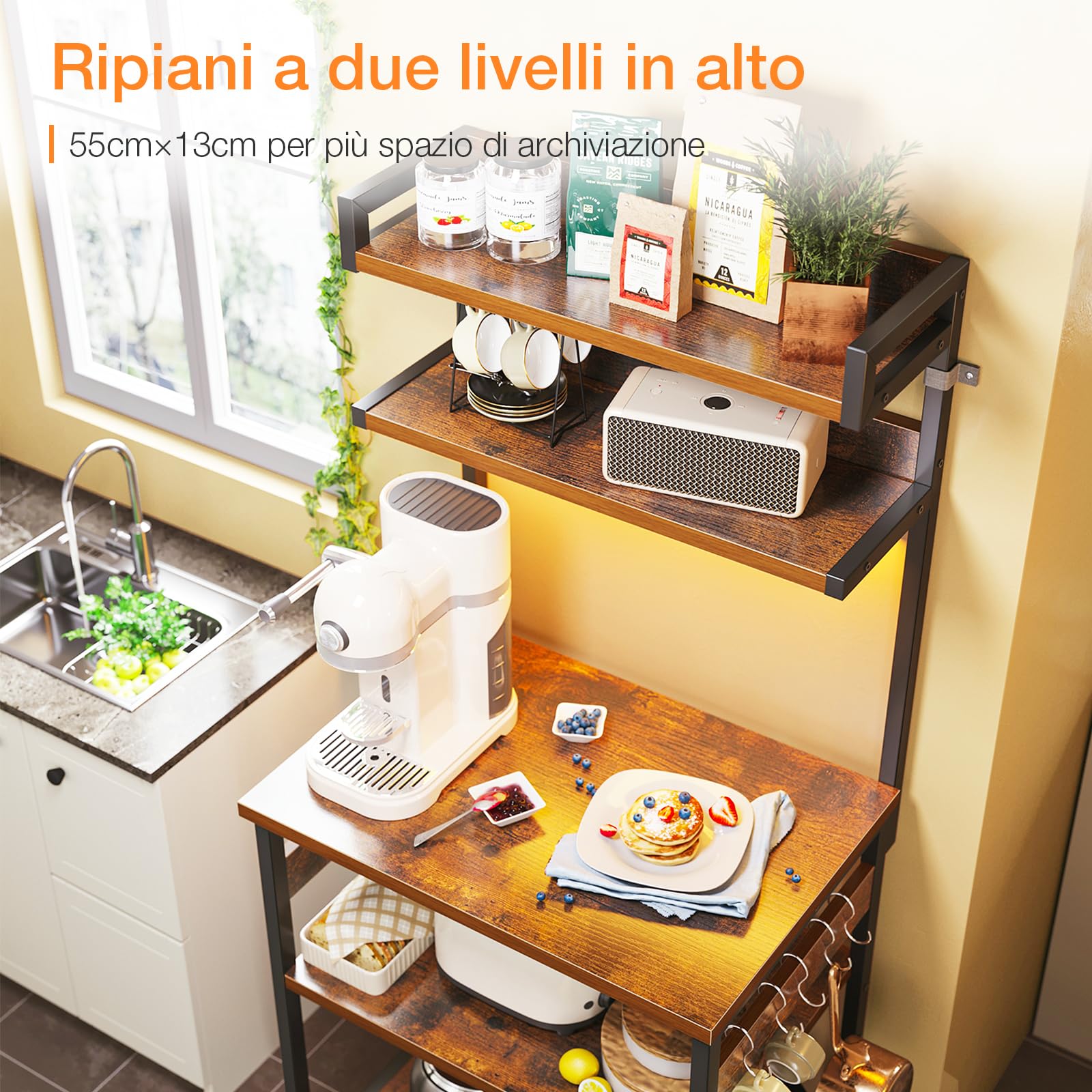 Coleshome Scaffale da Cucina con Prese Elettriche & Luci LED, Supporto per Forno a Microonde, Bar Caffè con 5 Ripiani e 5 Ganci, Struttura in Acciaio Industriale, 35x60x150 cm, Marrone Rustico