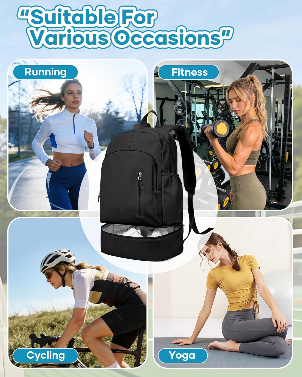 Gym Backpack for Women Men,Waterproof Gym Backpack with Shoe Compartment,Lightweight Sports Gym Bag Casual Daypack,Black