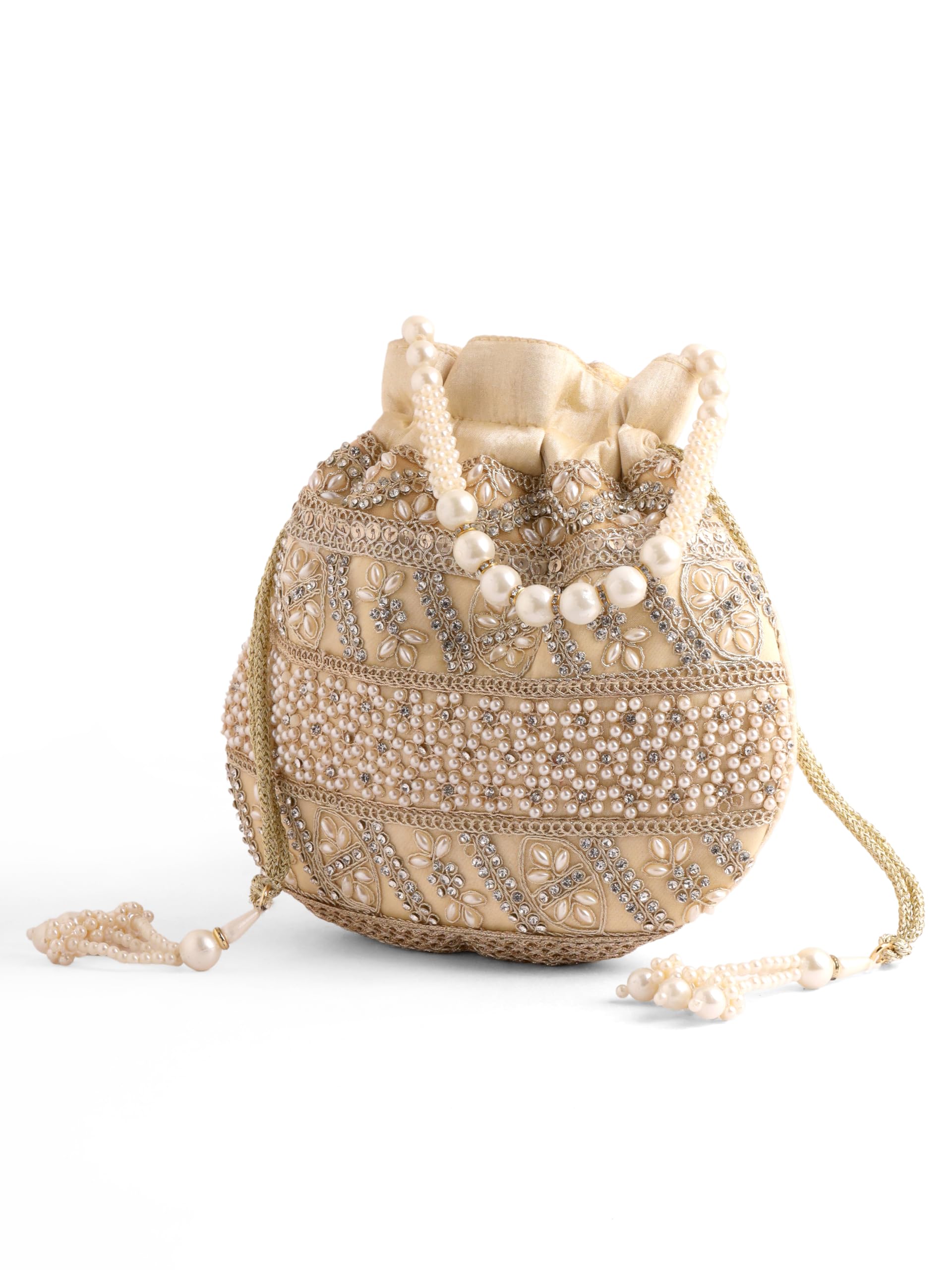 Gulnaar Pearl Beaded Drawstring Potli Bag for Women - Traditional Off-White Satin Wedding Clutch Purse - Festive Return Gifts & Bridal Batwa Bag for Sarees-picture-12