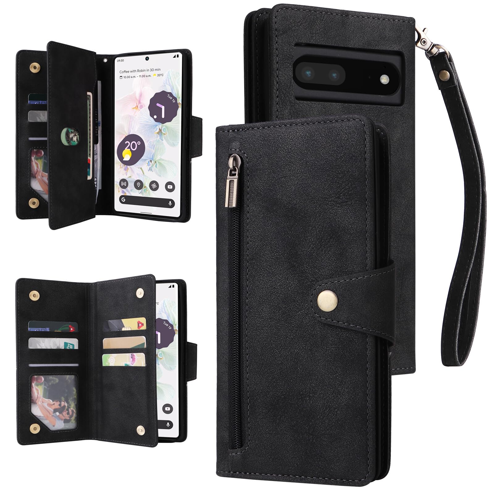 Étui Google Pixel 5 portefeuille résistant cuir noir zippé