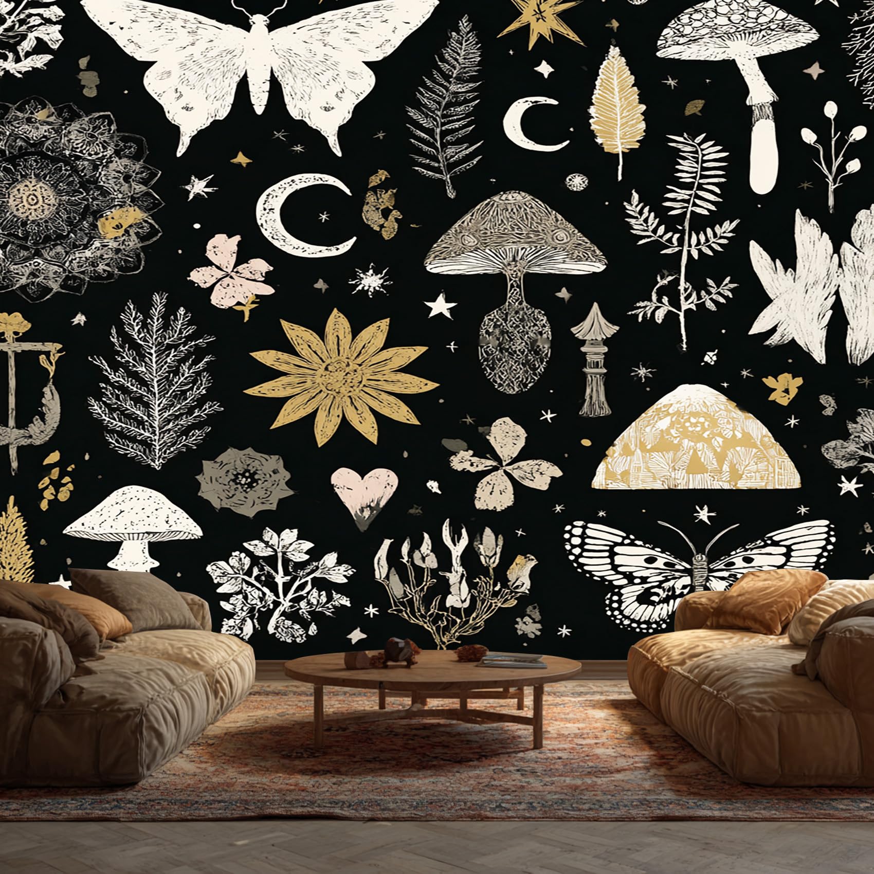 Witchy Enchanted Mural Wallpaper, Moth Mushroom Botanical Wallpaper for Bedroom, Living Room, TV Backdrop, Office, 3D Large Wall Mural Non-Woven Wall Paper 450 x 315 cm (WxH) S56