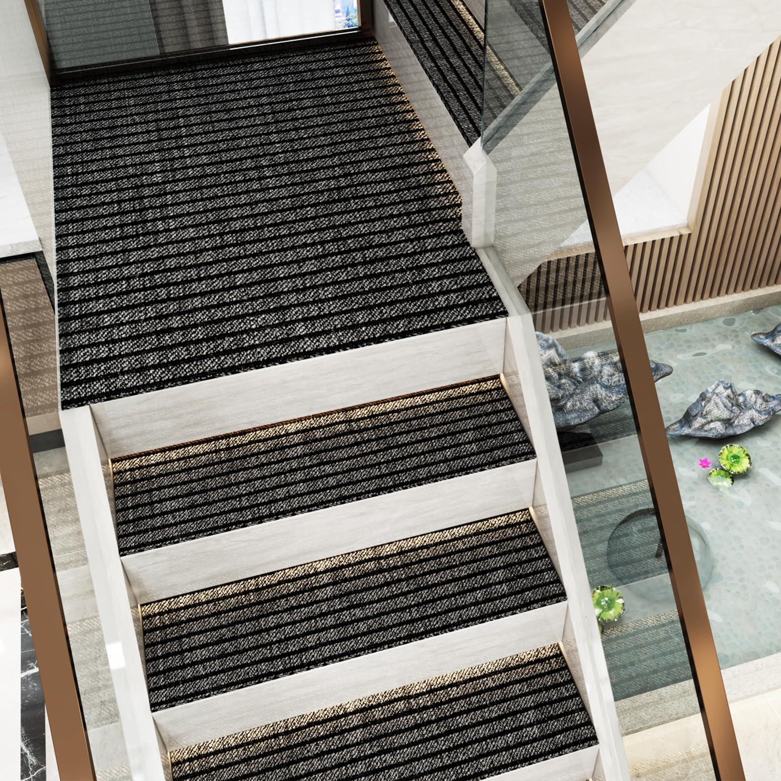 15pcs Stufenmatten, Treppen Teppich, Treppenteppich Selbstklebend, Treppenstufen Matten, Stufenschutz Stufenteppich Innenbereich für Holzstufen, 70 * 22cm (Grau-schwarz)