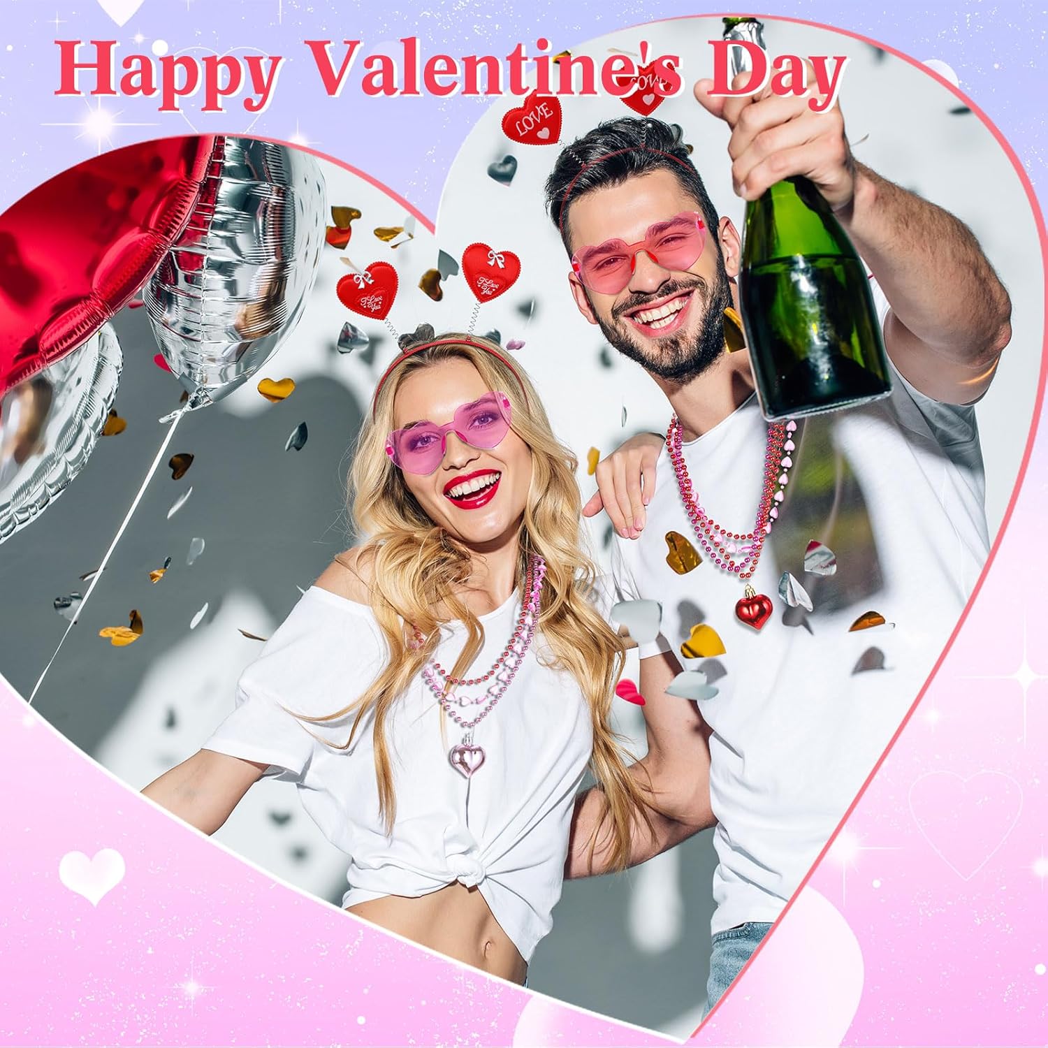 Kanayu 72 Pcs Valentine's Day Accessories Set Include 24 Heart Headbands Head Boppers 24 Heart Shape Sunglasses 24 Beaded Necklace for Valentine Party Favors Costume Supply(Mixed Colors)