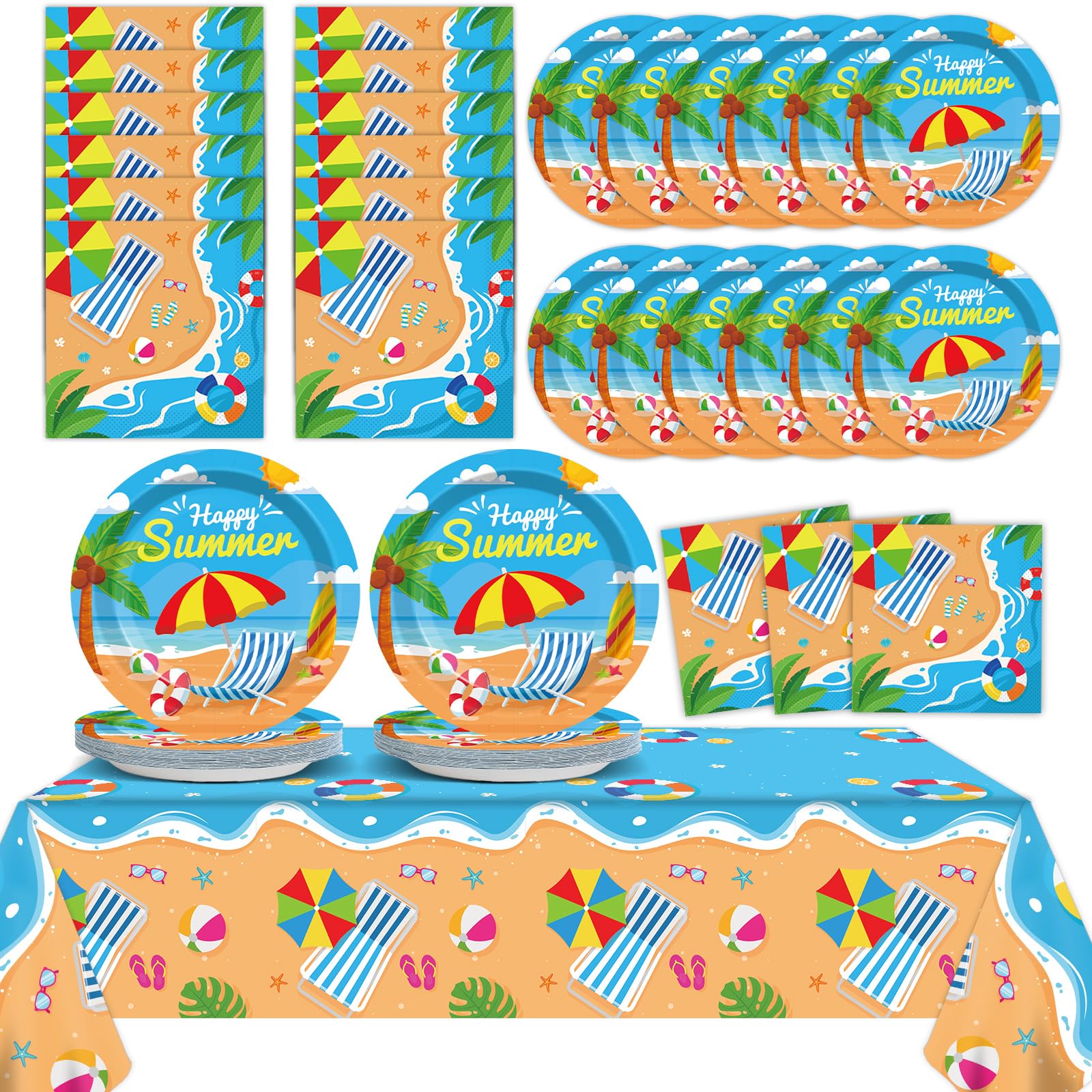 Summer Party Supplies Serves 24 Beach Luau Party Paper Plates Napkins Hawaiian Tablecloth Set Tableware Kit for Pool Party Birthday Tropical Dinner
