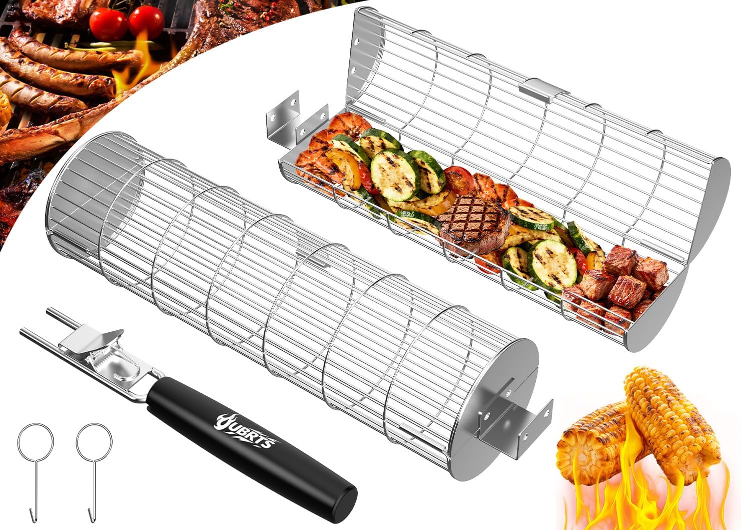 Rolling Grill Baskets for Outdoor Grill, 2PCS BBQ Grilling Basket with Removable Wooden Handle, Stainless Steel Camping Cooking Grill Accessories for Meat Fish Vegetable Seafood, Gifts for Men Dad Husband