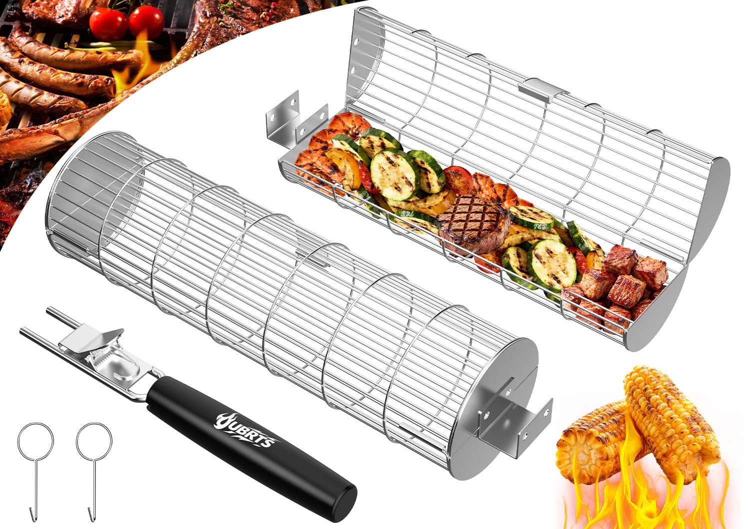 Rollender Grillkorb mit 1 Abnehmbarem Holzgriff, 2-teiliges Set Nestbar Edelstahl-Grillkörbe, Grill Zubehör Grillzubehör für Grillkorb Gemüse, Fisch, Meeresfrüchte, Geschenkidee für Männer, Väter